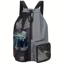 (Gray) Mesh Drawstring Swim Bag Backpack with Wet Pocket, Multipurpose Beach Gym Workout Gear Bag