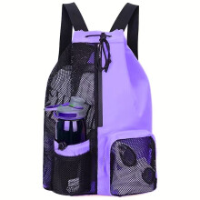 (Purple) Mesh Drawstring Swim Bag Backpack with Wet Pocket, Multipurpose Beach Gym Workout Gear Bag