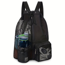 (Black) Mesh Drawstring Swim Bag Backpack with Wet Pocket, Multipurpose Beach Gym Workout Gear Bag