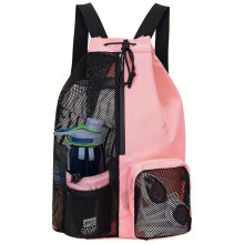 (Pink) Mesh Drawstring Swim Bag Backpack with Wet Pocket, Multipurpose Beach Gym Workout Gear Bag