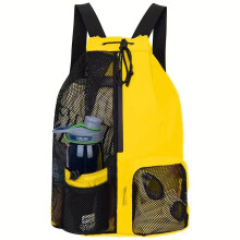 (Yellow) Mesh Drawstring Swim Bag Backpack with Wet Pocket, Multipurpose Beach Gym Workout Gear Bag