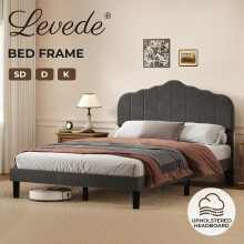 (Double) Levede Scalloped Upholstered Linen Bed Frame, 18D Padded Headboard & Platform Base - Dark Grey