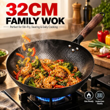 32cm Cast Iron Wok Pan with Wooden Lid, Uncoated Stir Fry Pan for Gas & Induction Hobs, Traditional Chinese Wok, Kitchen Cookware