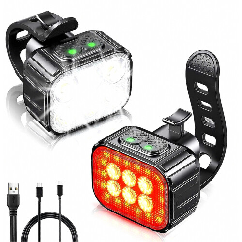 USB Rechargeable Bike Light Set - Front & Rear LED Lights for Night Riding