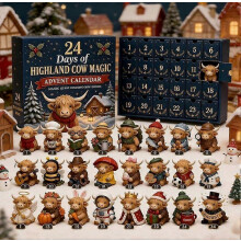 Calendrier de l'Avent magique de Noël avec des vaches des Highlands, 24 adorables mini-statues de vaches, décoration de Noël en boîte s