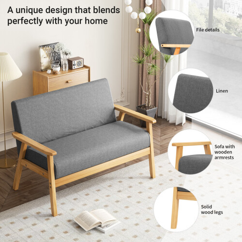Modern 2 Seater Linen Fabric Solid Wood Sofa 2