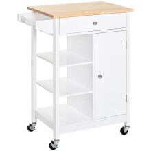 Kitchen Trolley, Kitchen Island on Wheels, w/ Wood Top, 3 Shelves and Storage Cupboard, White