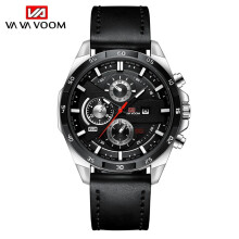 (Black face, black skin, silver belt) Men's Analog Quartz Watch, Black Leather Strap Chronograph Wristwatch Gift for Men