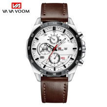 (Brown belt, white face, silver color) Men's Analog Quartz Watch, Black Leather Strap Chronograph Wristwatch Gift for Men