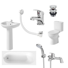 Complete Bathroom Suite 1700mm Single Ended Bath Close Coupled Rimless Toilet Basin Full Pedestal Chrome Taps Shower Waste