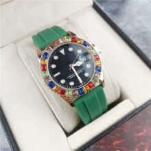 (Rainbow Yacht Silicone Green) Men's Luminous Diving Watch, Rose Gold Case Black Rubber Band, Analog Wristwatch with Date & Rotating Bezel