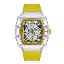 (yellow) Men's Fashion Skeleton Watch, Transparent Tonneau Case White Rubber Band, Hollow Dial Sports Analog Wristwatch