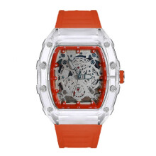 (orange) Men's Fashion Skeleton Watch, Transparent Tonneau Case White Rubber Band, Hollow Dial Sports Analog Wristwatch