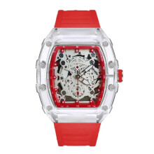 (red) Men's Fashion Skeleton Watch, Transparent Tonneau Case White Rubber Band, Hollow Dial Sports Analog Wristwatch