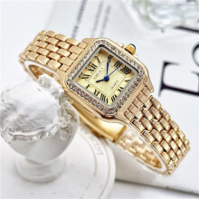 (Full diamond gold color) Women's Classic Square Quartz Watch, Gold Metal Bracelet Band, Roman Numeral Dial Analog Wristwatch