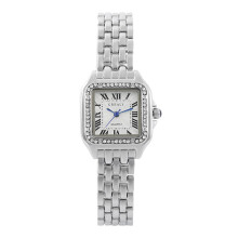 (Diamond-set silver) Women's Classic Square Quartz Watch, Gold Metal Bracelet Band, Roman Numeral Dial Analog Wristwatch