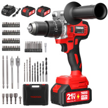 130Nm Cordless Hammer Drill,21V Brushless Impact Drill with 2 x 4.0Ah Battery,20+3 Torque Settings,13mm Chuck,2 speeds,LED Light,76 Accessories.