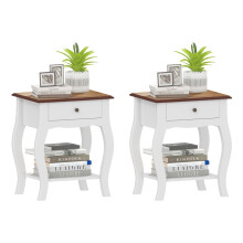 2pcs Bedside Tables with Drawer, French Style Bedside Cabinets with Open Shelf for Bedroom, Living Room, White