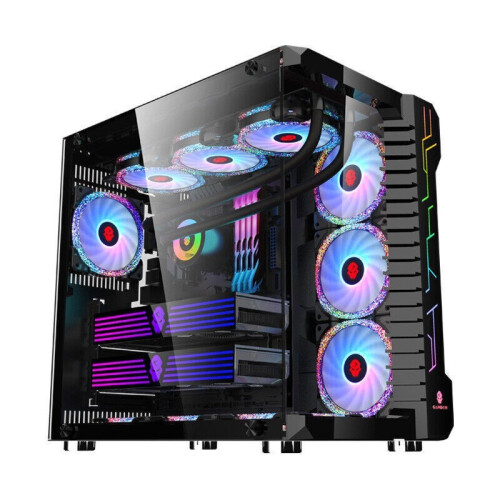Gaming PC Computer Case RGB ATX Tempered Glass LED Panel Dual Chamber - Black