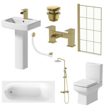 Complete Bathroom Suite 1700mm Single Ended Curved Bath Brushed Brass Grid Screen Shower Close Coupled Toilet Basin Pedestal Waterfall Taps Waste
