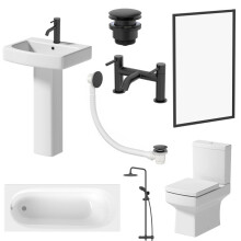 Complete Bathroom Suite 1700mm Single Ended Curved Bath Black Screen Shower Close Coupled Toilet WC Basin Full Pedestal Taps Waste Set