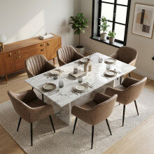 (Dark Brown, Set of 6) GOEURVANT Dining Chairs with Armrests, Vintage PU Leather Accent Chair with Metal Legs