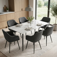 (Charcoal Grey, Set of 6) Fabric Dining Chairs with Armrests, Metal Legs for Living Room/Office - GOEURVANT