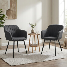 (Charcoal Grey, Set of 2) Fabric Dining Chairs with Armrests, Metal Legs for Living Room/Office - GOEURVANT