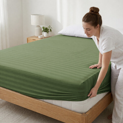 (Olive Green, King: 152 X 200 CM.) Satin Stripe Fitted Bed Sheets or Plain Pillowcases 1