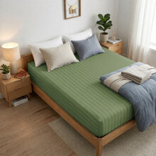 (Olive Green, King: 152 X 200 CM.) Satin Stripe Fitted Bed Sheets or Plain Pillowcases