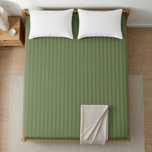 (Olive Green, King: 152 X 200 CM.) Satin Stripe Fitted Bed Sheets or Plain Pillowcases 2