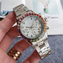 (Silver belt, white face) Women's Bling Chronograph Watch, Rainbow Crystal Bezel Stainless Steel Band, Black Dial Day Date Analog Wristwatch