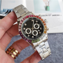 (Silver band with black face) Women's Bling Chronograph Watch, Rainbow Crystal Bezel Stainless Steel Band, Black Dial Day Date Analog Wristwatch