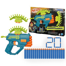 Nerf Rebel Ops Ammohawk, blaster with 2 accessories and 20 Nerf foam darts, suitable for ages 8 and up.