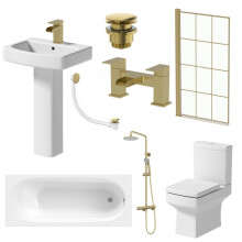 Complete Bathroom Suite 1600mm Single Ended Curved Bath Brushed Brass Grid Screen Shower Close Coupled Toilet Basin Pedestal Waterfall Taps Waste