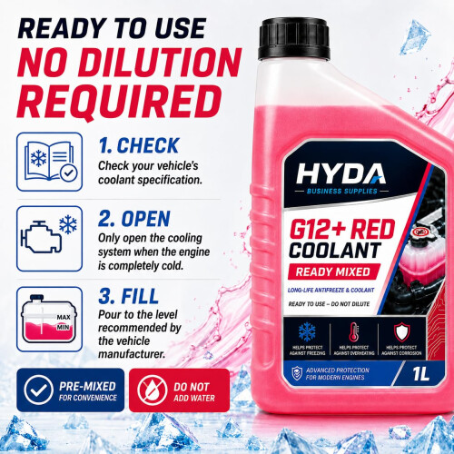 HYDA G12+ Coolant 1L Ready Mixed Antifreeze for Car Engine Radiator Systems 2