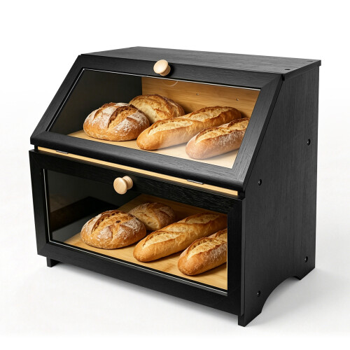 2-Tier Bamboo Bread Bin with Lid, Double Decker Bread Box for Kitchen, Eco-Friendly and Sustainable Fresh Bread Storage