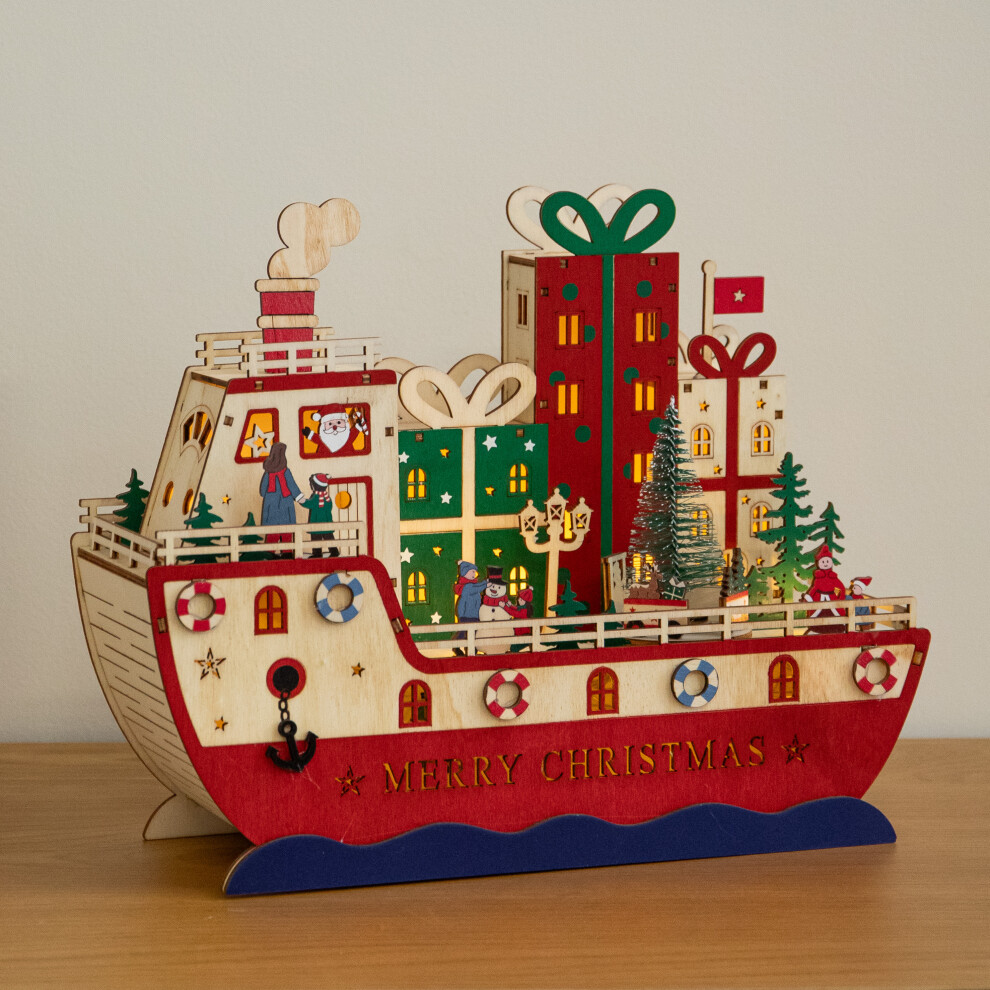 Samuel Alexander Unisex White 30Cm Light Up S.s. Noel Wooden Christmas Boat Decoration With Leds In - Image 4