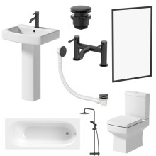 Complete Bathroom Suite 1600mm Single Ended Curved Bath Black Screen Shower Close Coupled Toilet WC Basin Full Pedestal Taps Waste Set