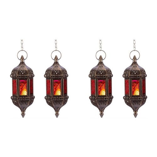 4 Pcs Hanging Hexagon Decorative Moroccan Candle Lantern Holders, Handmade Hanging Tea Light Holder