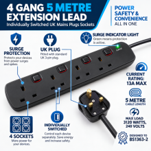 4 Gang 5m Extension Lead Individually Switched UK