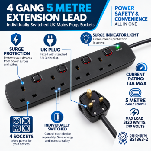 4 Gang 5m Extension Lead Individually Switched UK