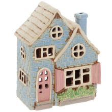 Village Pottery Double Roof Blue House Tea Light Candle Holder