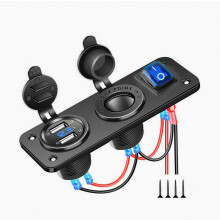 3-in-1 dubbele USB-oplader met LED-voltmeter, 12V/24V-aansluiting en aan/uit-schakelaar, zwart, marine dubbele USB-oplader voor boot, motor, auto_ver