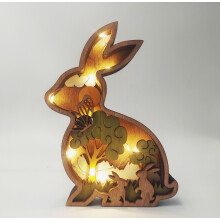 Ornements de lapin en bois sculptés à la main avec lumières - Lapin en bois découpé au laser en 3D