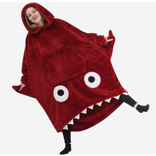Übergroße Lamm-Hoodie-Decke, Einheitsgröße, passend für Mädchen und Frauen – Hai – Rot – Überraschungsgeschenk
