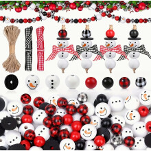 Kerstsneeuwpop houten kralen Winter houten kralen Kerst buffelruit houten ronde kralen Kerst print houten kralen met doe-het-zelf touw sjaal houten k