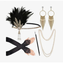 Set di accessori per costume vintage anni '20 ispirati a Il Grande Gatsby: cerchietto da flapper, collana, costume da Charleston da donna con piume,