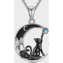 Sterling Silver Black Silver Gothic Cat Pendant Necklace, Crescent Moon with Cubic Zirconia, for Women Girls, Gift, 45+5cm