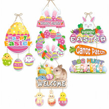Lot de 4 décorations de Pâques à suspendre à la porte : lapins, œufs, cartons, panneaux « Joyeuses